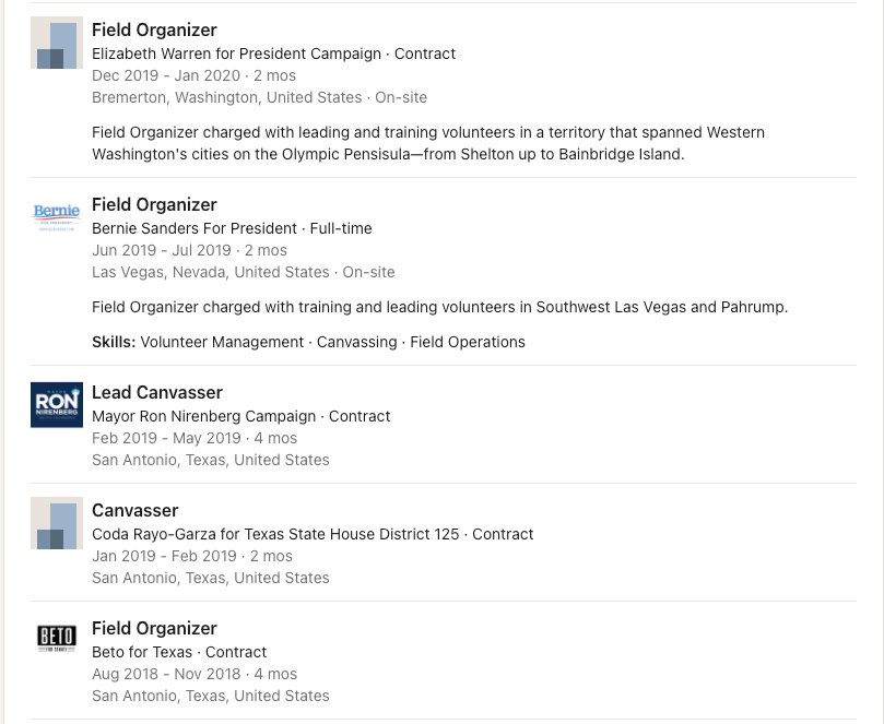 Linkedin page showing having worked for Elizabeth Warren, Bernie Sansers, Ron Nirenberg, Coda Rayo-Garza & Beto O'Rourke